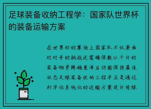 足球装备收纳工程学：国家队世界杯的装备运输方案